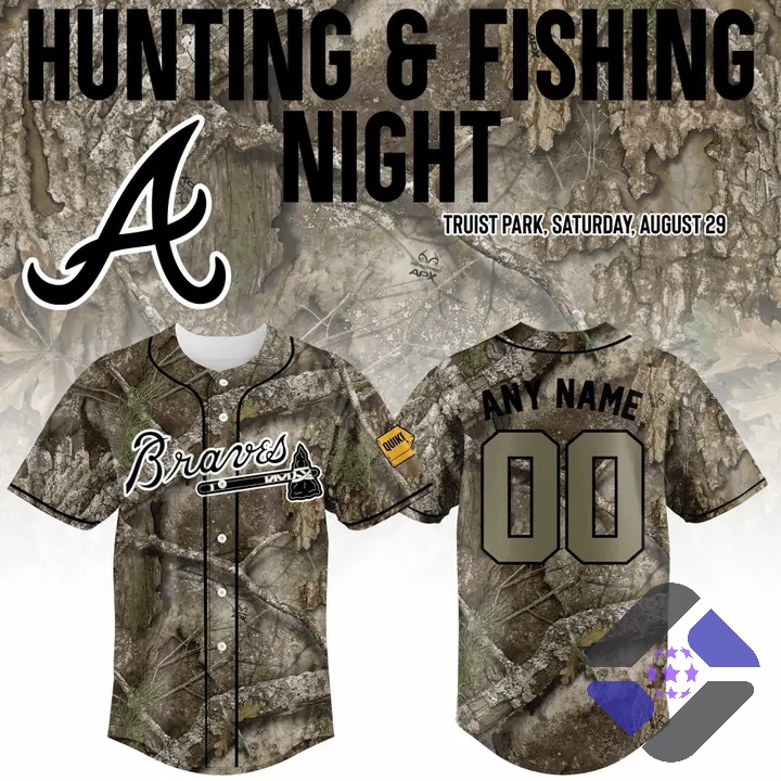Atlanta Braves Hunting and Fishing Night Camouflage Baseball Jersey - Front View