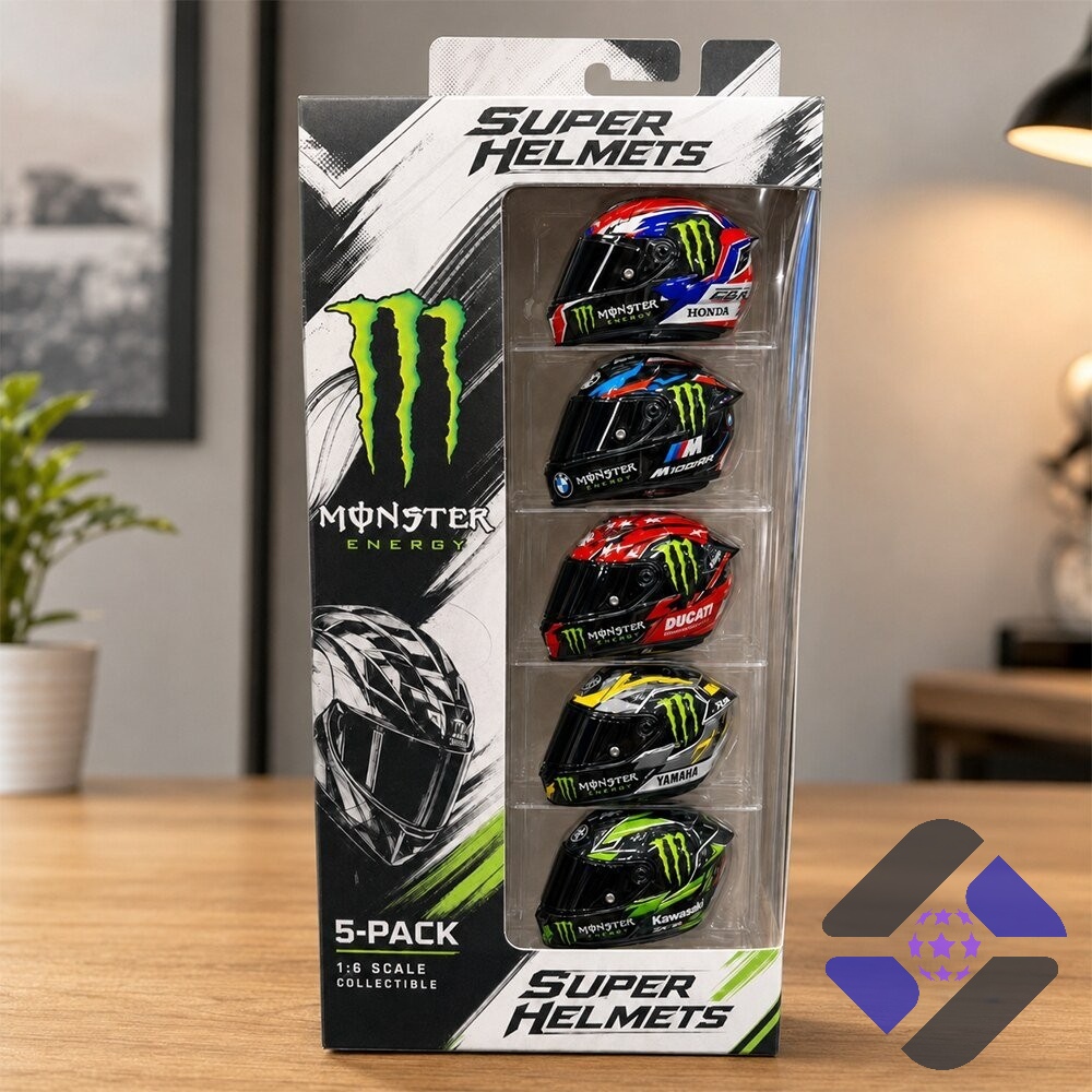 Monster Energy 5-Pack Collectible Motorcycle Racing Helmet Set