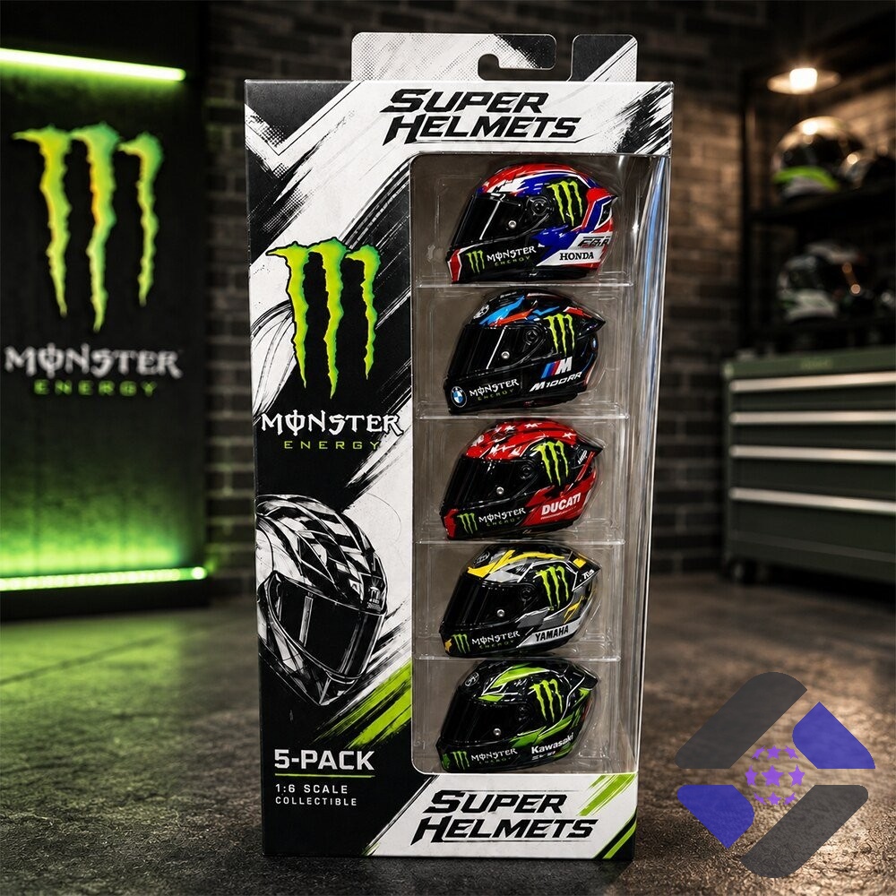 monster-energy-5-pack-1-6-scale-collectible-motorcycle-racing-helmet-set-4-1.jpg Monster Energy 5-Pack Collectible Motorcycle Racing Helmet Set