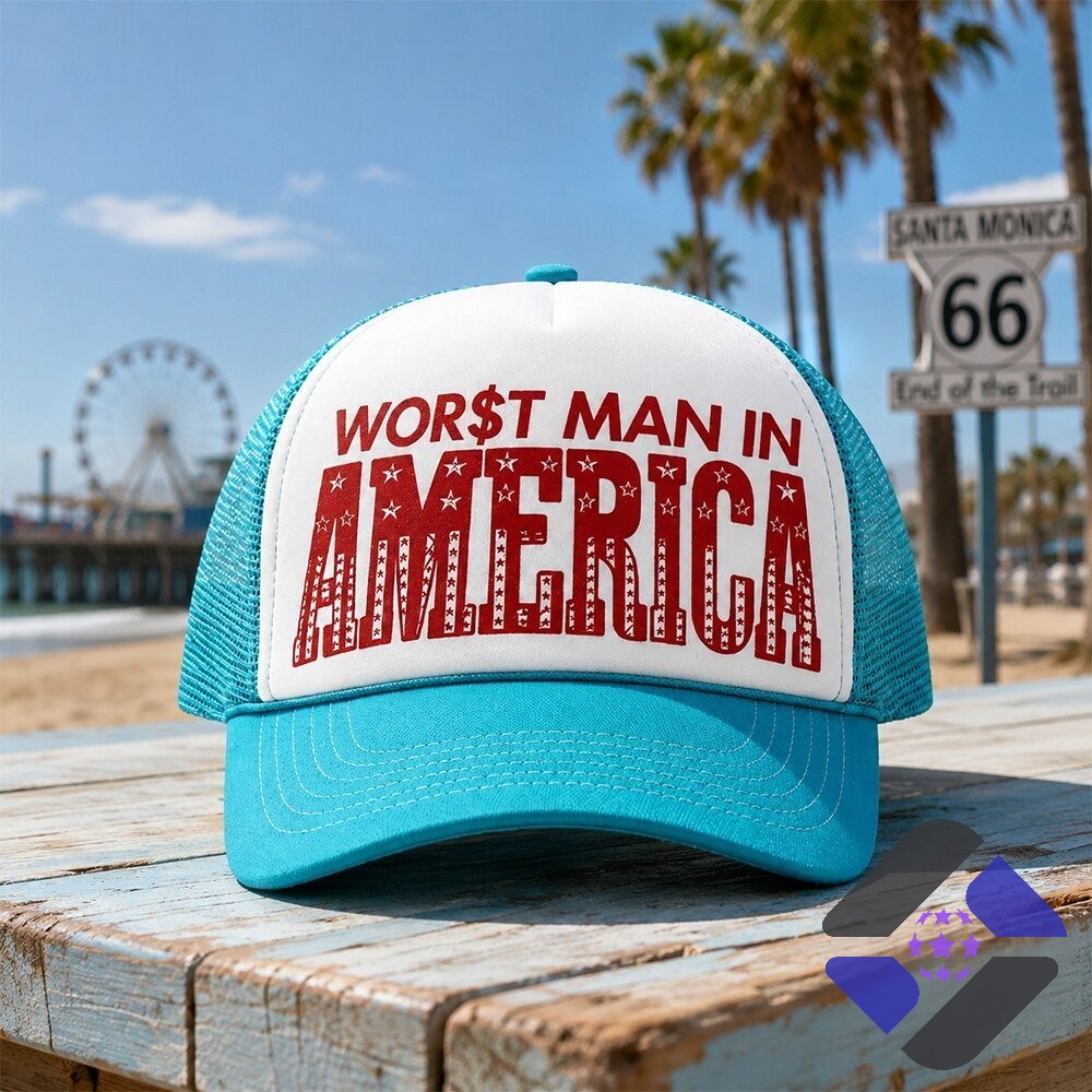 Slayyyter WOR$T MAN IN AMERICA Trucker Hat - Detail View