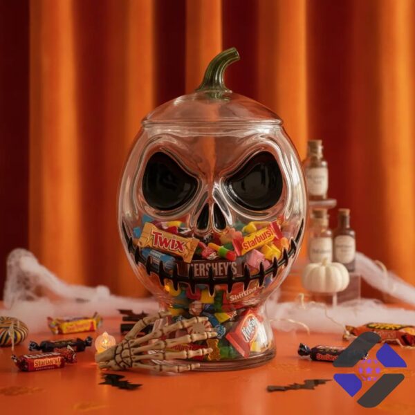 Halloween Skull Jack O Lantern Glass Candy Jar