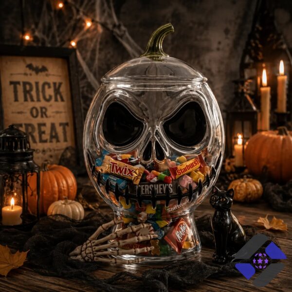 Halloween Skull Jack O Lantern Glass Candy Jar