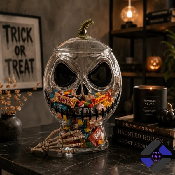 Halloween Skull Jack O Lantern Glass Candy Jar