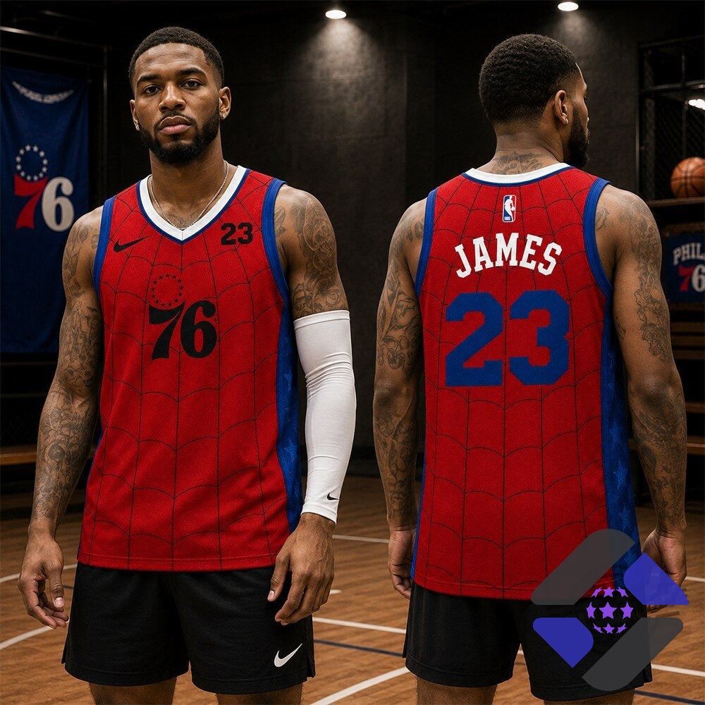 Philadelphia 76ers Spider-Man LeBron James Crossover Basketball Jersey - Detail View