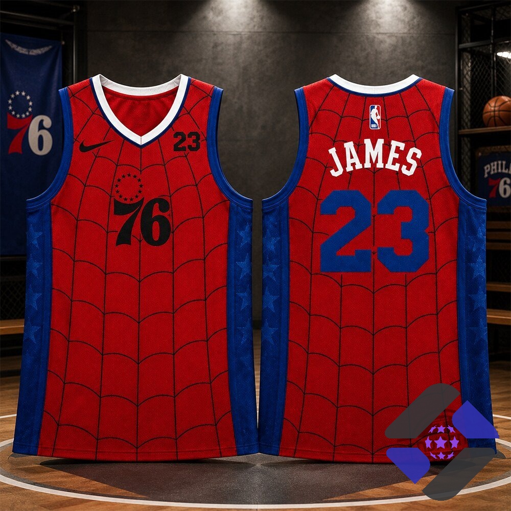 Philadelphia 76ers Spider-Man LeBron James Crossover Basketball Jersey - Front View